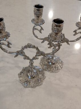 Elegant Silver Ornate 2-Arm Candelabra Pair - Home Accents